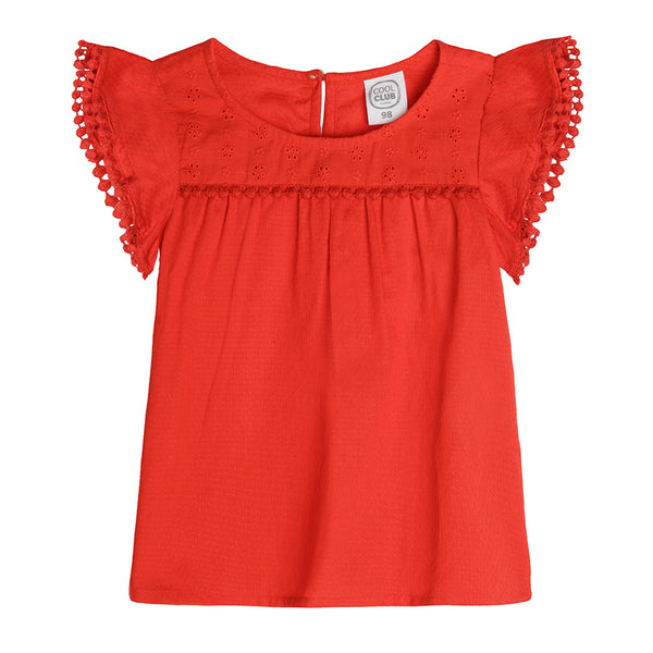 Girl's Blouse With Short Sleeves Red English Embroidery CC CCG2411988