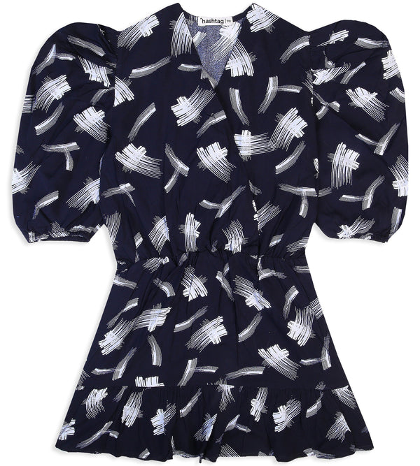 Girls Linen Printed Frock - Navy Blue