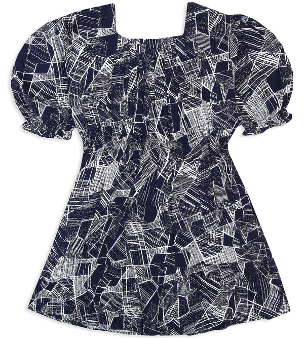 Girls Linen Printed Frock - Navy Blue