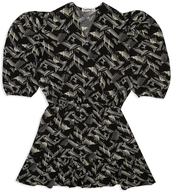 Girls Linen Printed Frock - Black