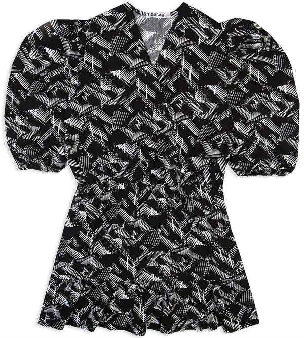 Girls Linen Printed Frock - Black