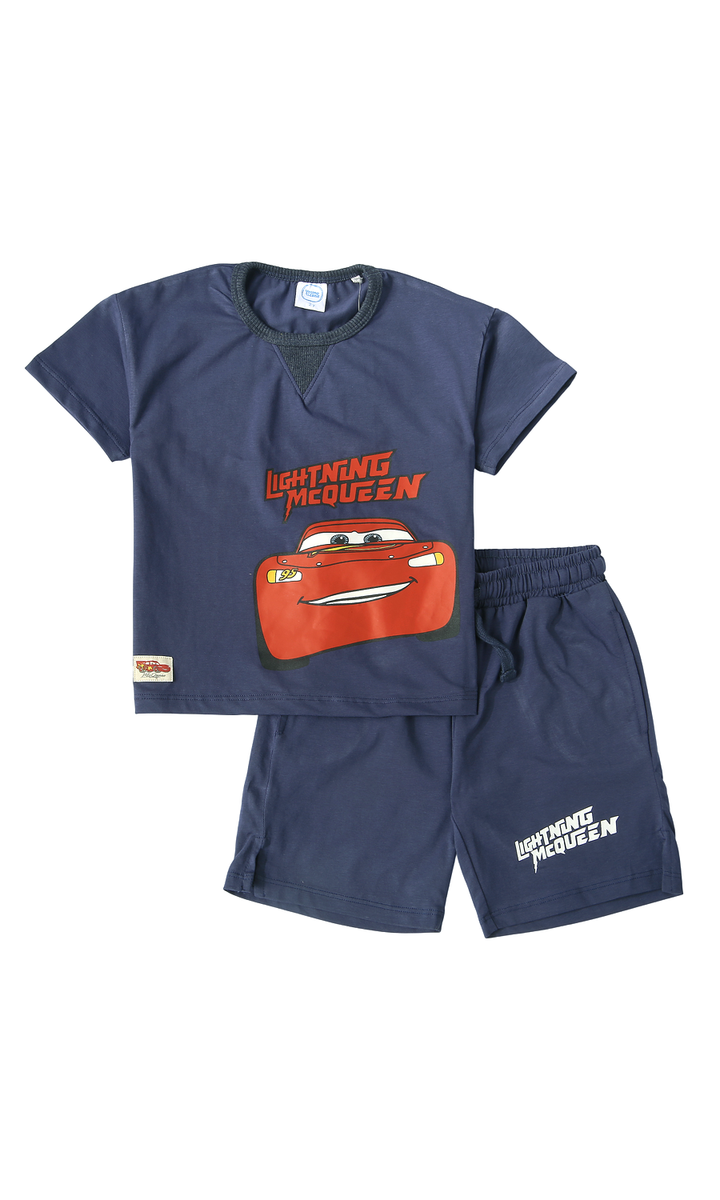 Boys Cotton T-Shirt & Shorts Set Navy Blue Lightning McQueen Print