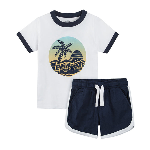 Boy's Set T Shirt Shorts White & Navy Blue